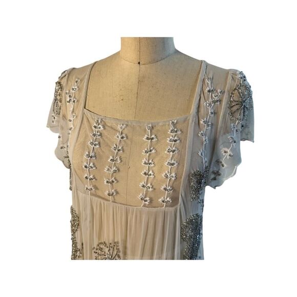Free People Nylon Beaded Dress Floral‎ sz Medium Ivory Silver Gray EUC - Picture 3 of 8